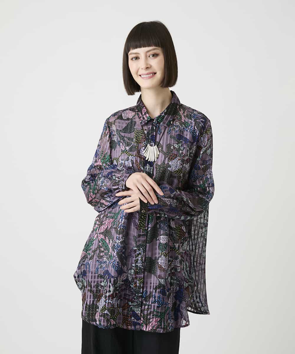 RBBLE18290 HIROKO BIS(ヒロコ ビス) シアーチェックボタニカル柄ブラウス パープル
