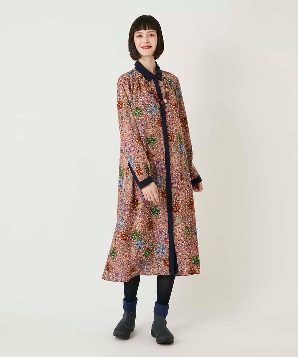 RBEAE40450 HIROKO BIS(ヒロコ ビス) 幾何フラワーアートプリントワンピース ブラウン