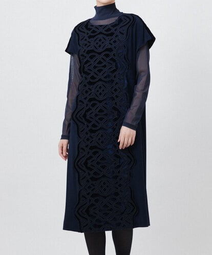 RBEAX17390 HIROKO BIS 【洗える】ベロア刺繍レースIライン半袖ワンピース