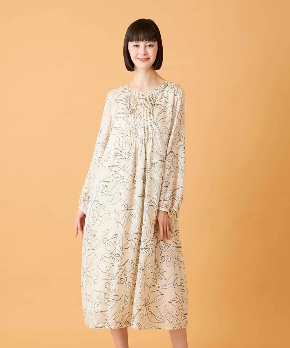 RBEED56490 HIROKO BIS(ヒロコ ビス) ボタニカルモチーフピンタックドレス アイボリー