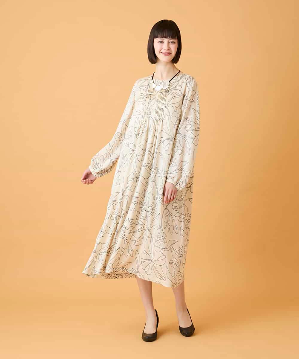 RBEED56490 HIROKO BIS(ヒロコ ビス) ボタニカルモチーフピンタックドレス アイボリー