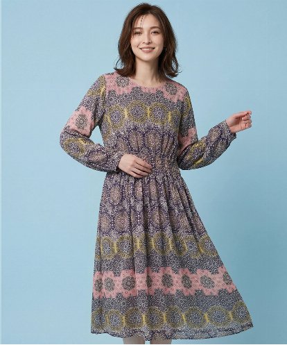 RBEFA45430 HIROKO BIS ヴィンテージ風モチーフ総柄ワンピース /洗濯機で洗える