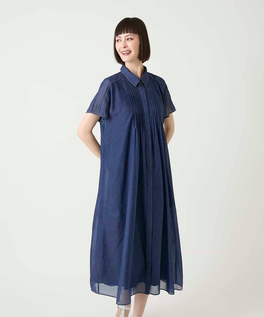 RBEGE31340 HIROKO BIS(ヒロコ ビス) サテンデニムピンタックデザインワンピース ネイビー