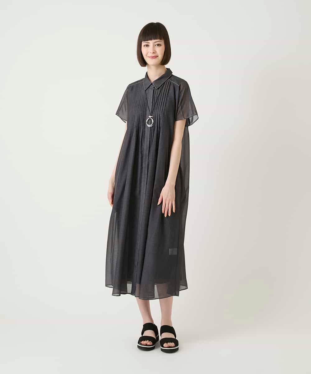 RBEGE31340 HIROKO BIS(ヒロコ ビス) サテンデニムピンタックデザインワンピース ネイビー