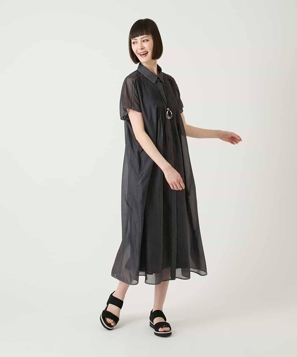 RBEGE31340 HIROKO BIS(ヒロコ ビス) サテンデニムピンタックデザインワンピース ネイビー