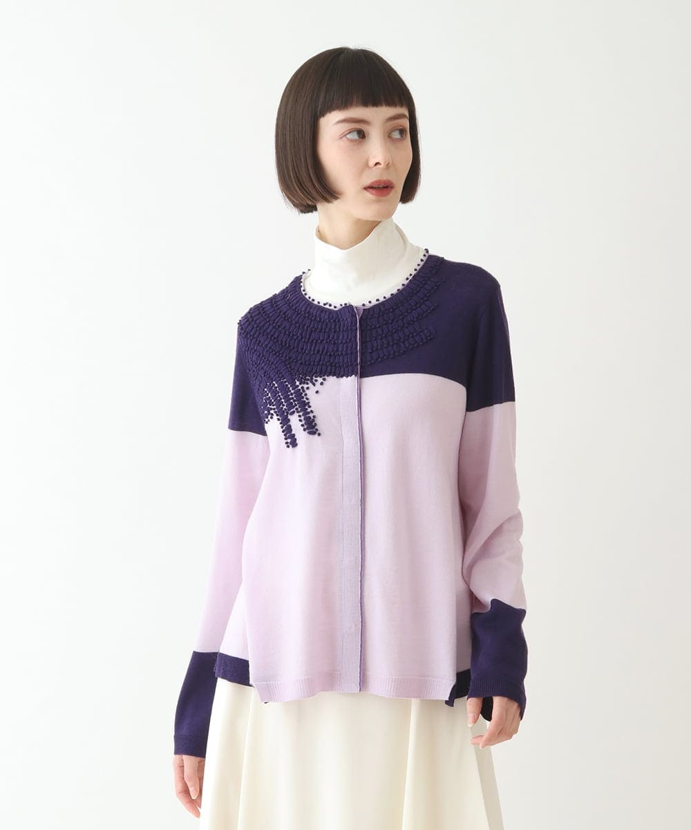 RBFAW30290 HIROKO BIS(ヒロコ ビス) バイカラー刺繍ニットカーディガン ラベンダー