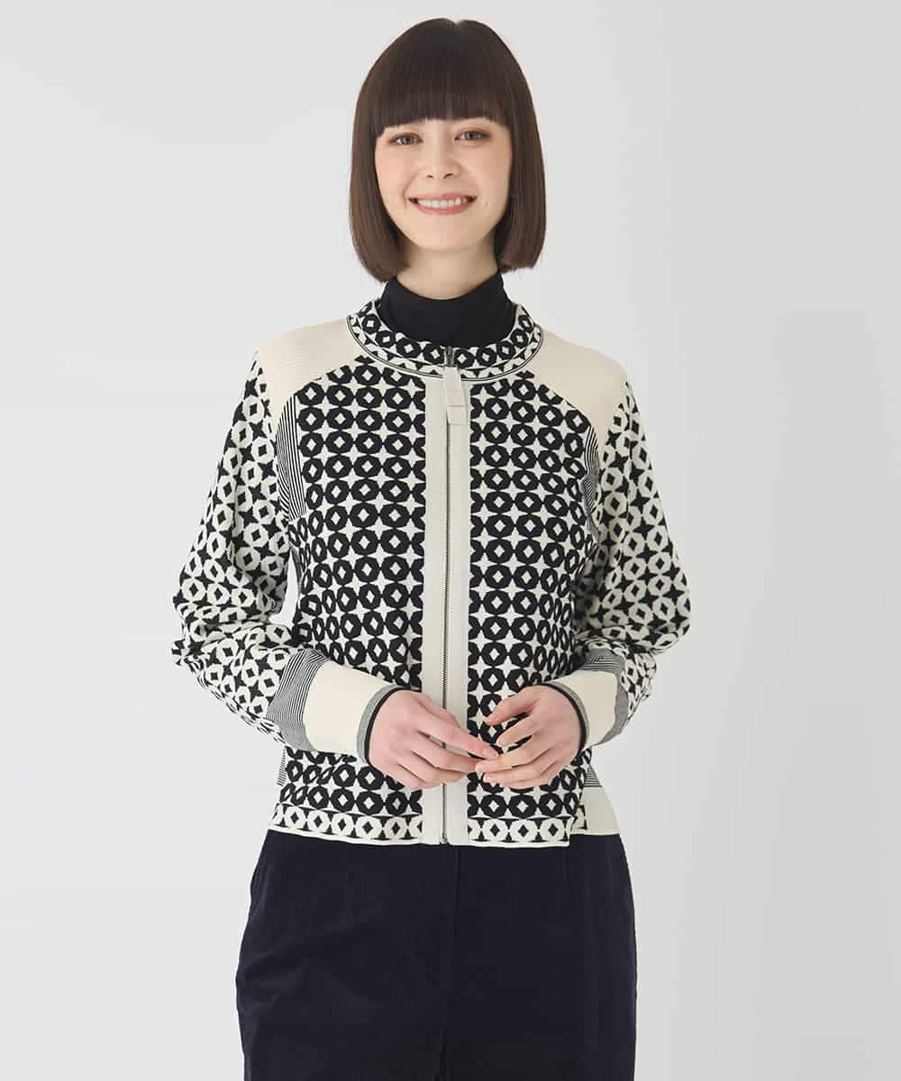 RBFCE80390 HIROKO BIS(ヒロコ ビス) ジャカード×インターシャ幾何柄ニットカーディガン アイボリー