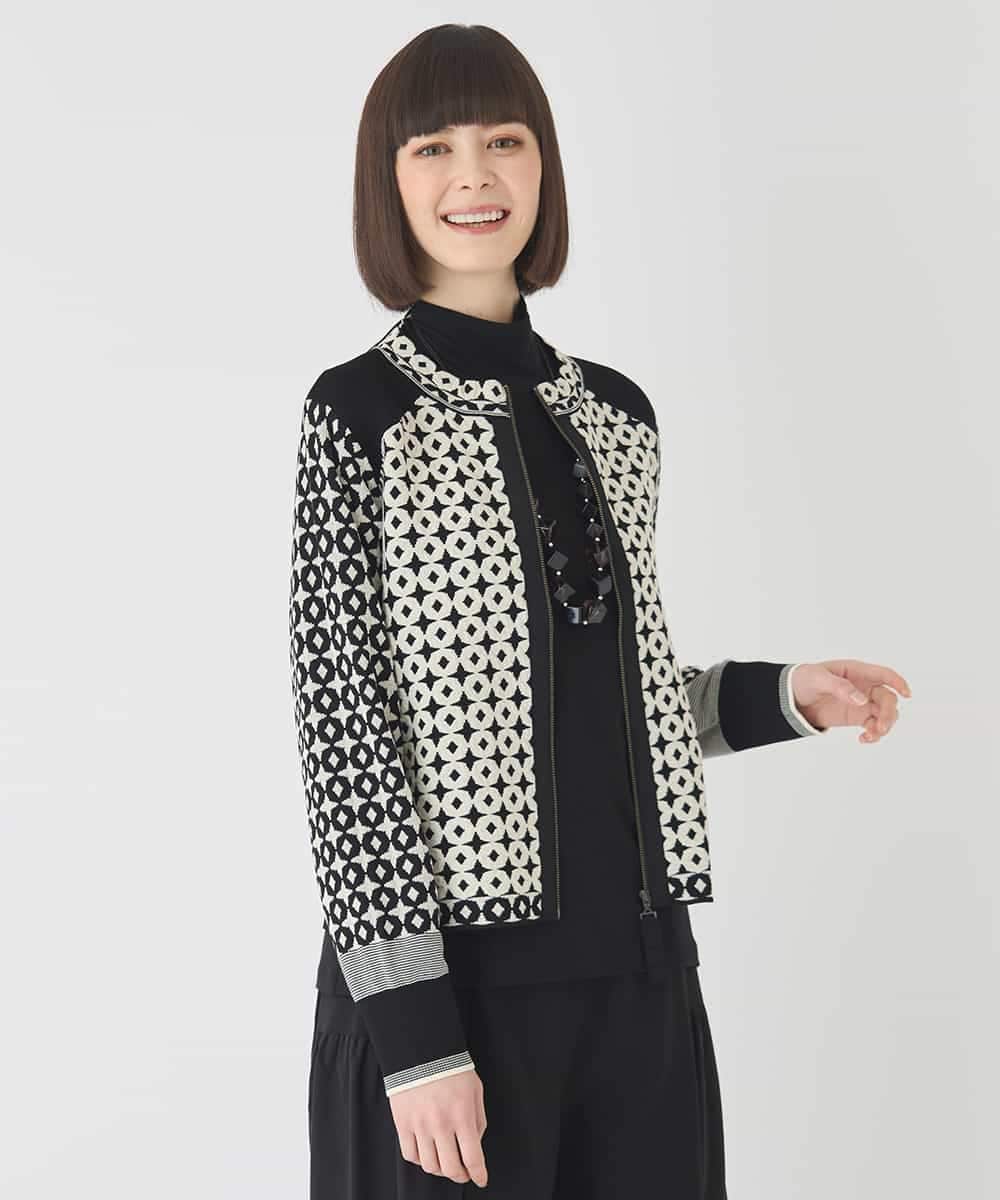 RBFCE80390 HIROKO BIS(ヒロコ ビス) ジャカード×インターシャ幾何柄ニットカーディガン アイボリー
