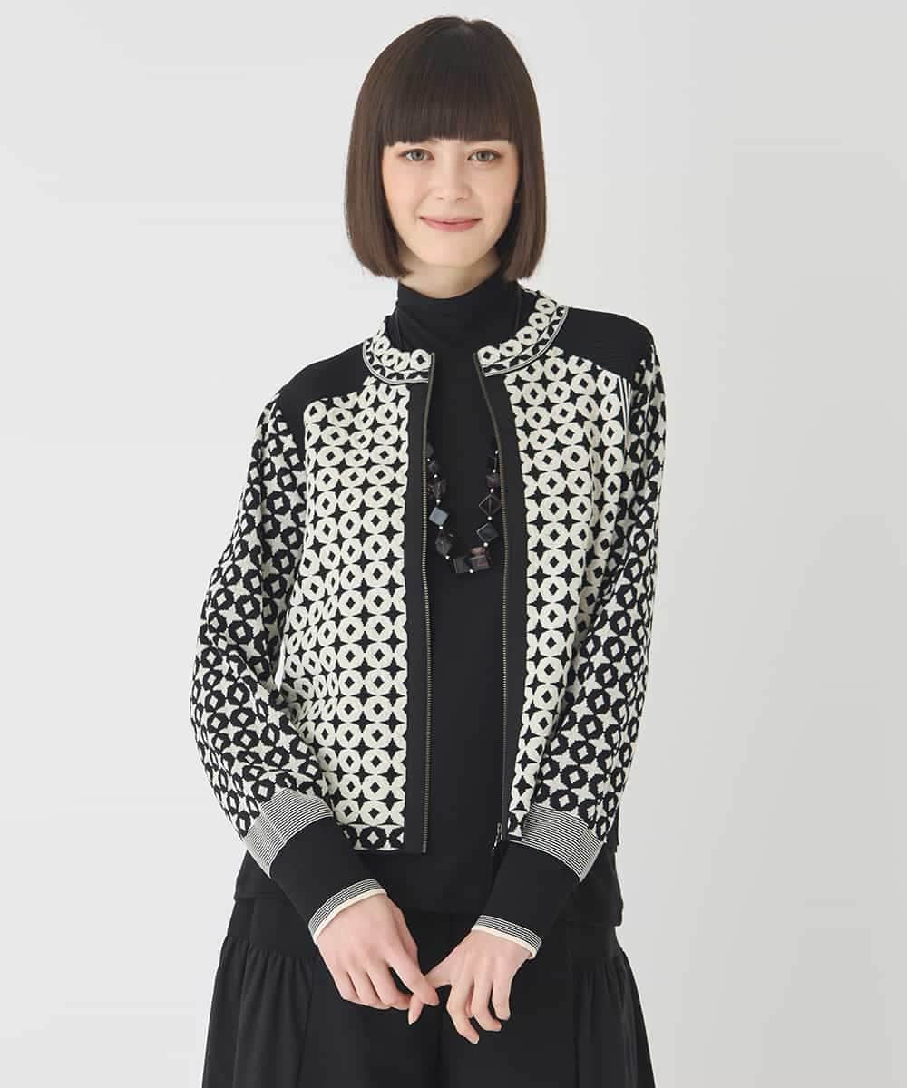 RBFCE80390 HIROKO BIS(ヒロコ ビス) ジャカード×インターシャ幾何柄ニットカーディガン ブラック