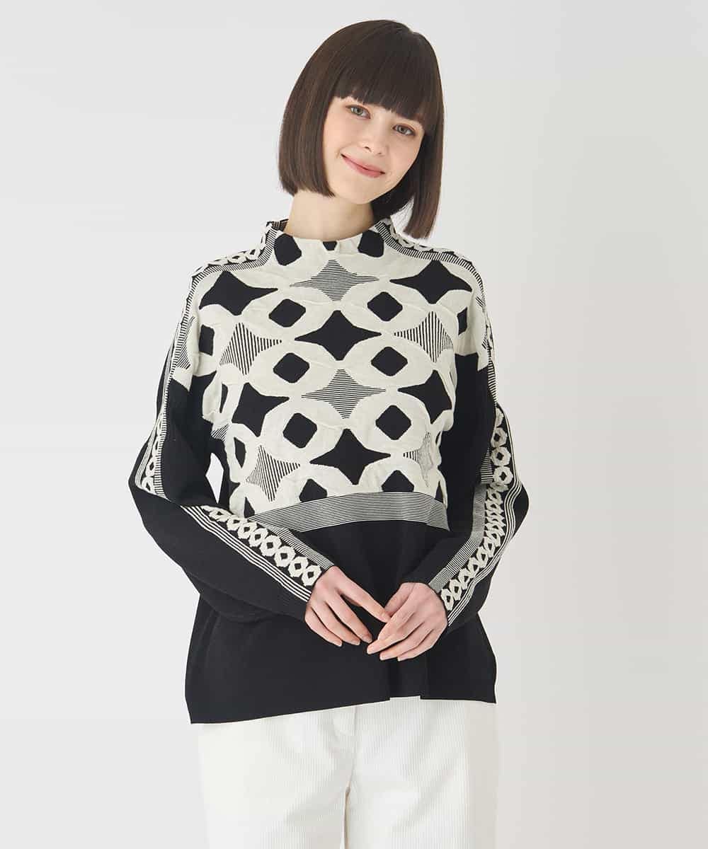 RBFCE81330 HIROKO BIS(ヒロコ ビス) ジャカード×インターシャ幾何柄ニットプルオーバー ブラック