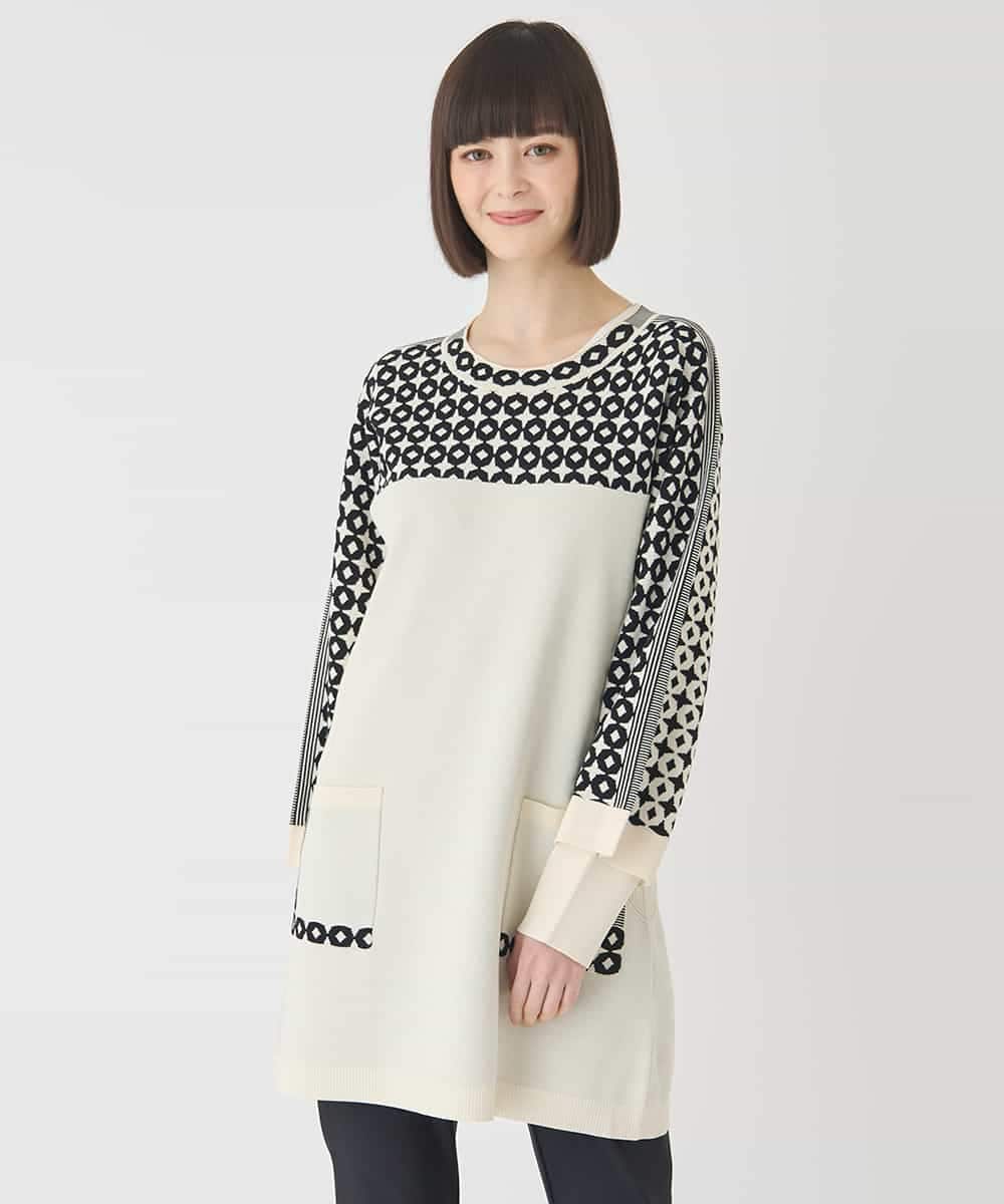 RBFCE82360 HIROKO BIS(ヒロコ ビス) ジャカード×インターシャ幾何柄チュニック アイボリー