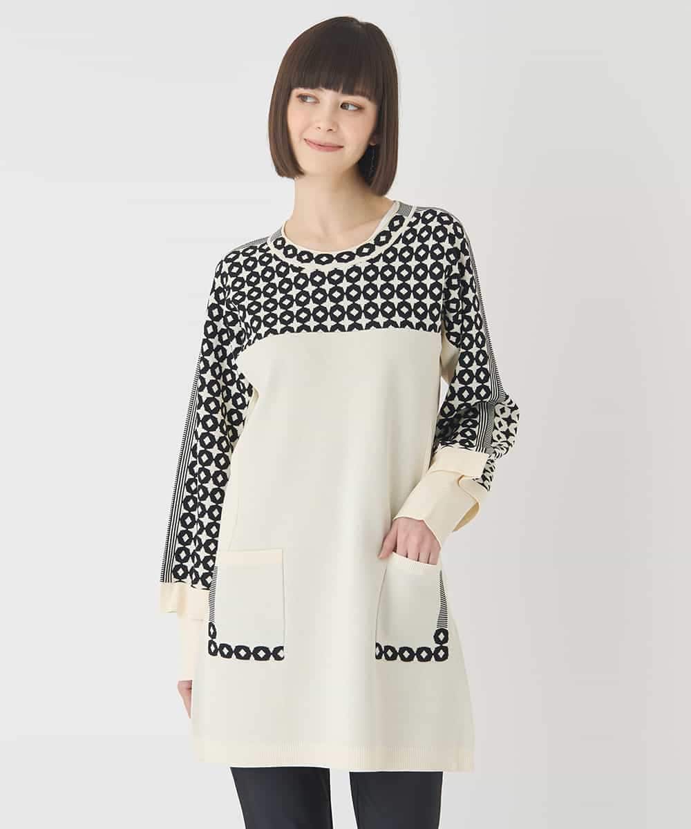 RBFCE82360 HIROKO BIS(ヒロコ ビス) ジャカード×インターシャ幾何柄チュニック アイボリー