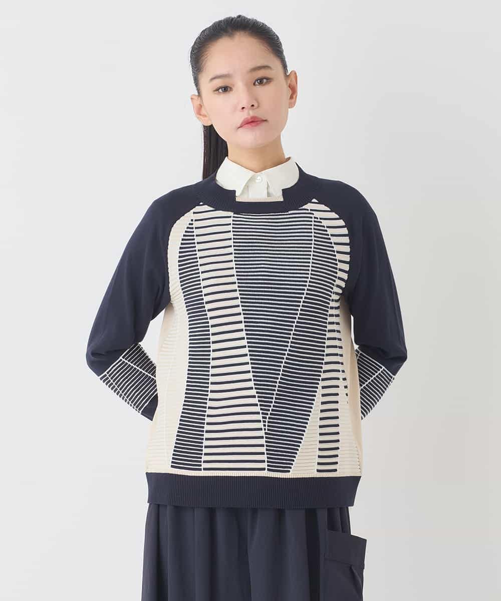 RBFDD02290 HIROKO BIS(ヒロコ ビス) ボーダーミックスニットプルオーバー ネイビー