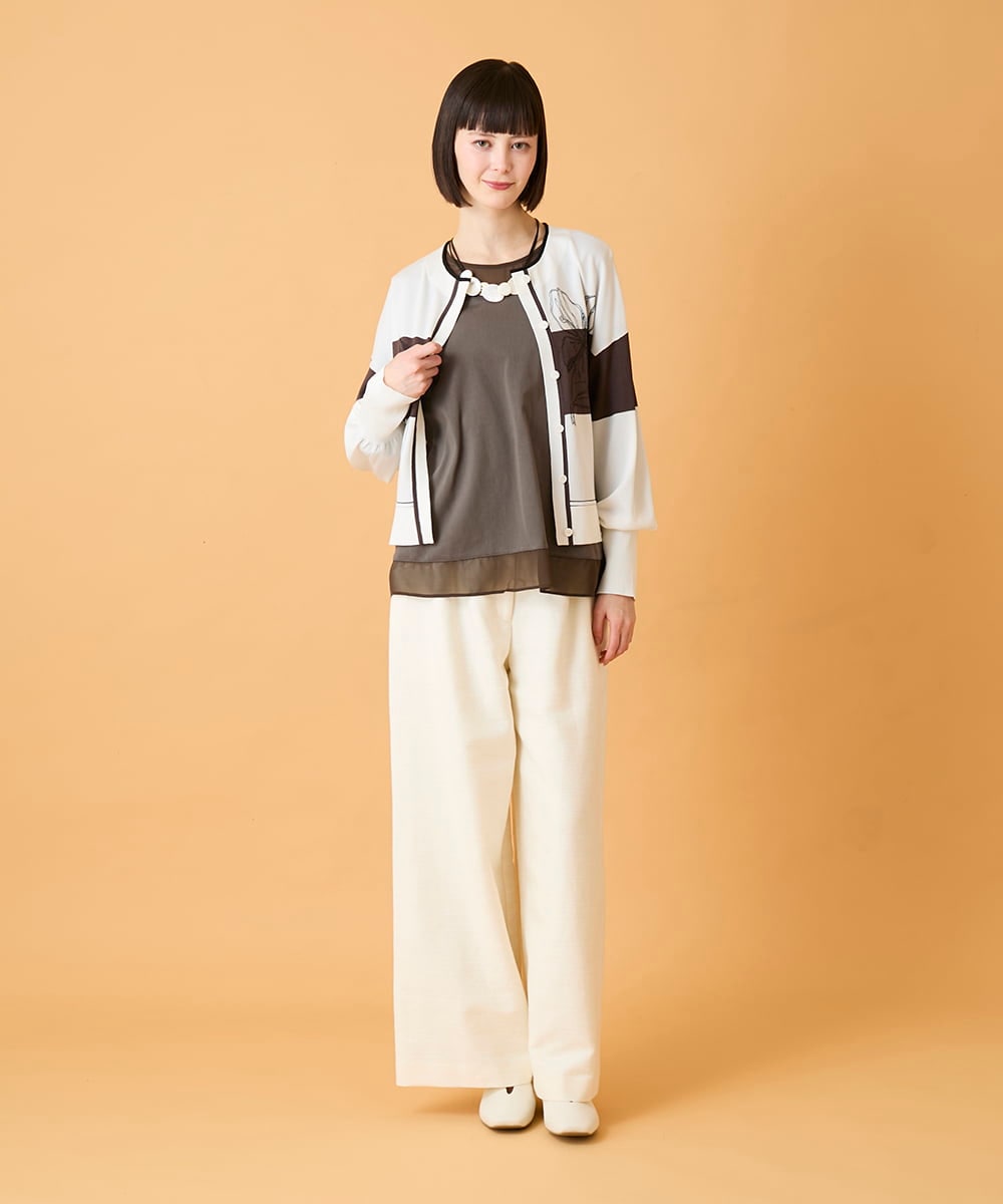 RBFED30390 HIROKO BIS(ヒロコ ビス) 花刺繍ブロッキングデザインカーディガン ホワイト