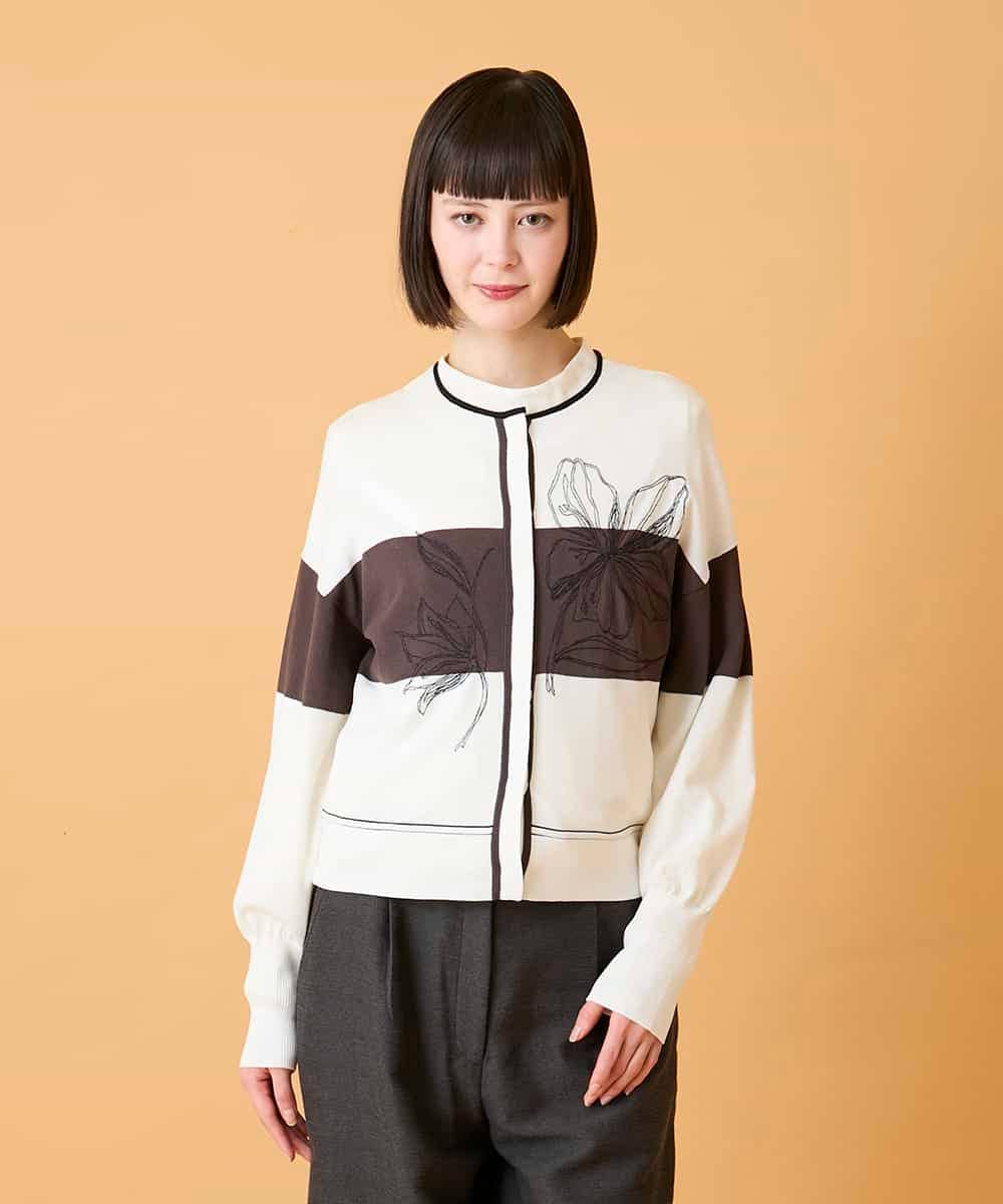 RBFED30390 HIROKO BIS(ヒロコ ビス) 花刺繍ブロッキングデザインカーディガン ホワイト