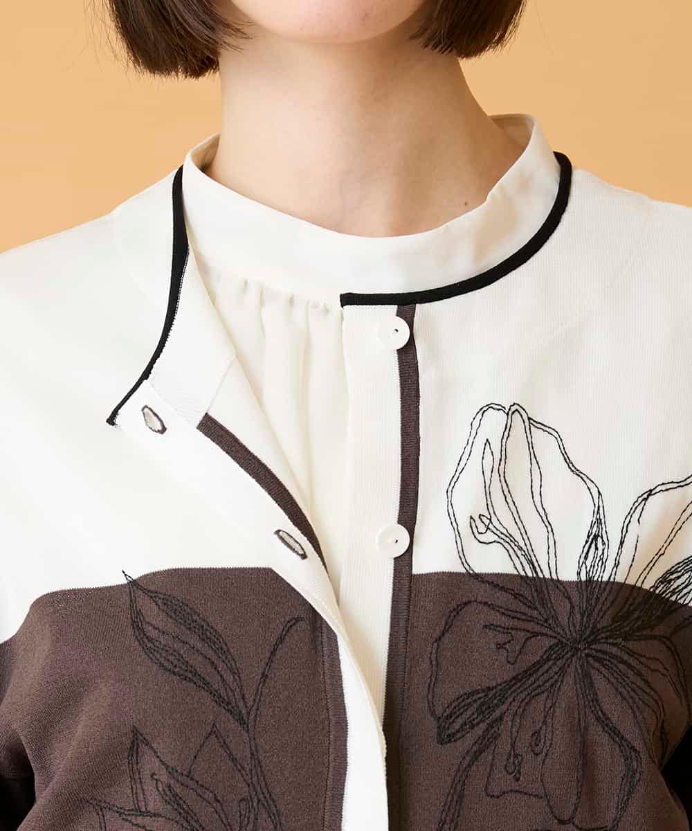 RBFED30390 HIROKO BIS(ヒロコ ビス) 花刺繍ブロッキングデザインカーディガン ホワイト