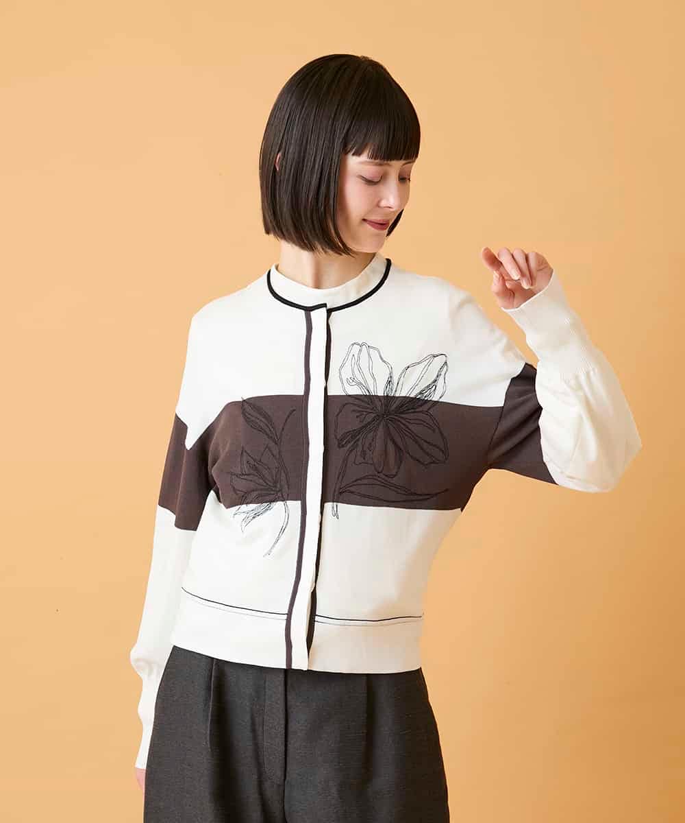 RBFED30390 HIROKO BIS(ヒロコ ビス) 花刺繍ブロッキングデザインカーディガン ホワイト
