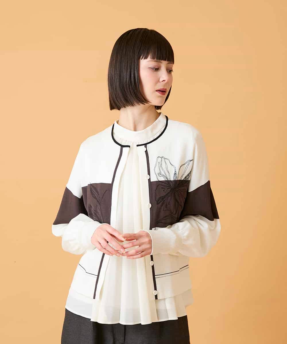 RBFED30390 HIROKO BIS(ヒロコ ビス) 花刺繍ブロッキングデザインカーディガン ホワイト