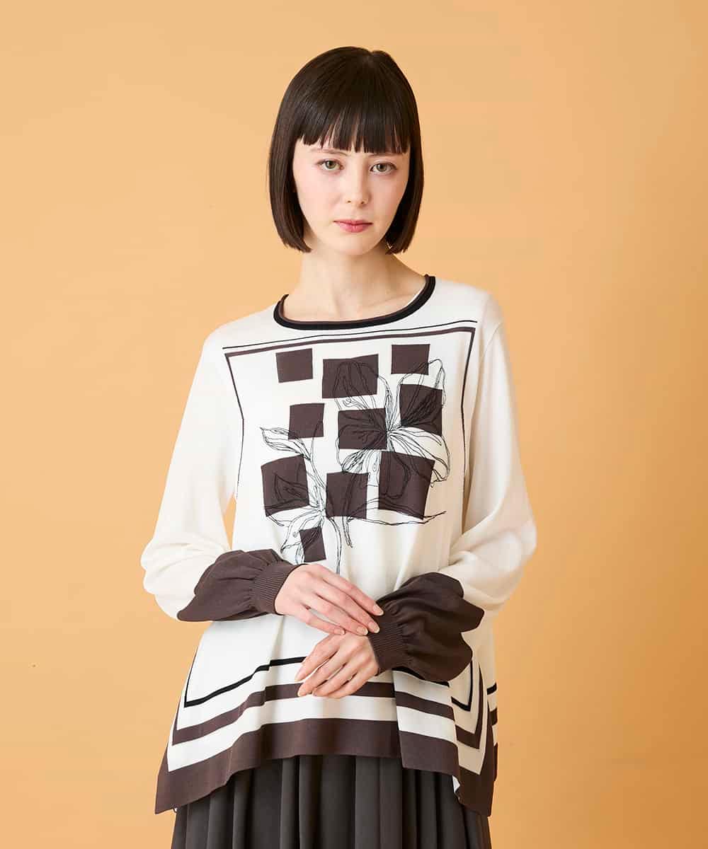 RBFED31360 HIROKO BIS(ヒロコ ビス) 花刺繍フレーム配色デザインプルオーバー ホワイト