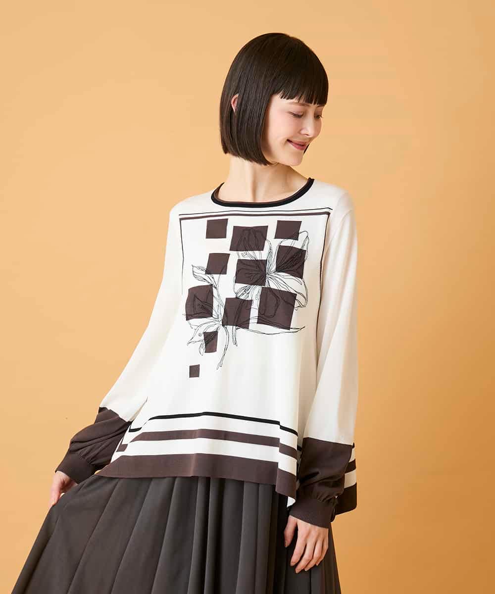 RBFED31360 HIROKO BIS(ヒロコ ビス) 花刺繍フレーム配色デザインプルオーバー ホワイト