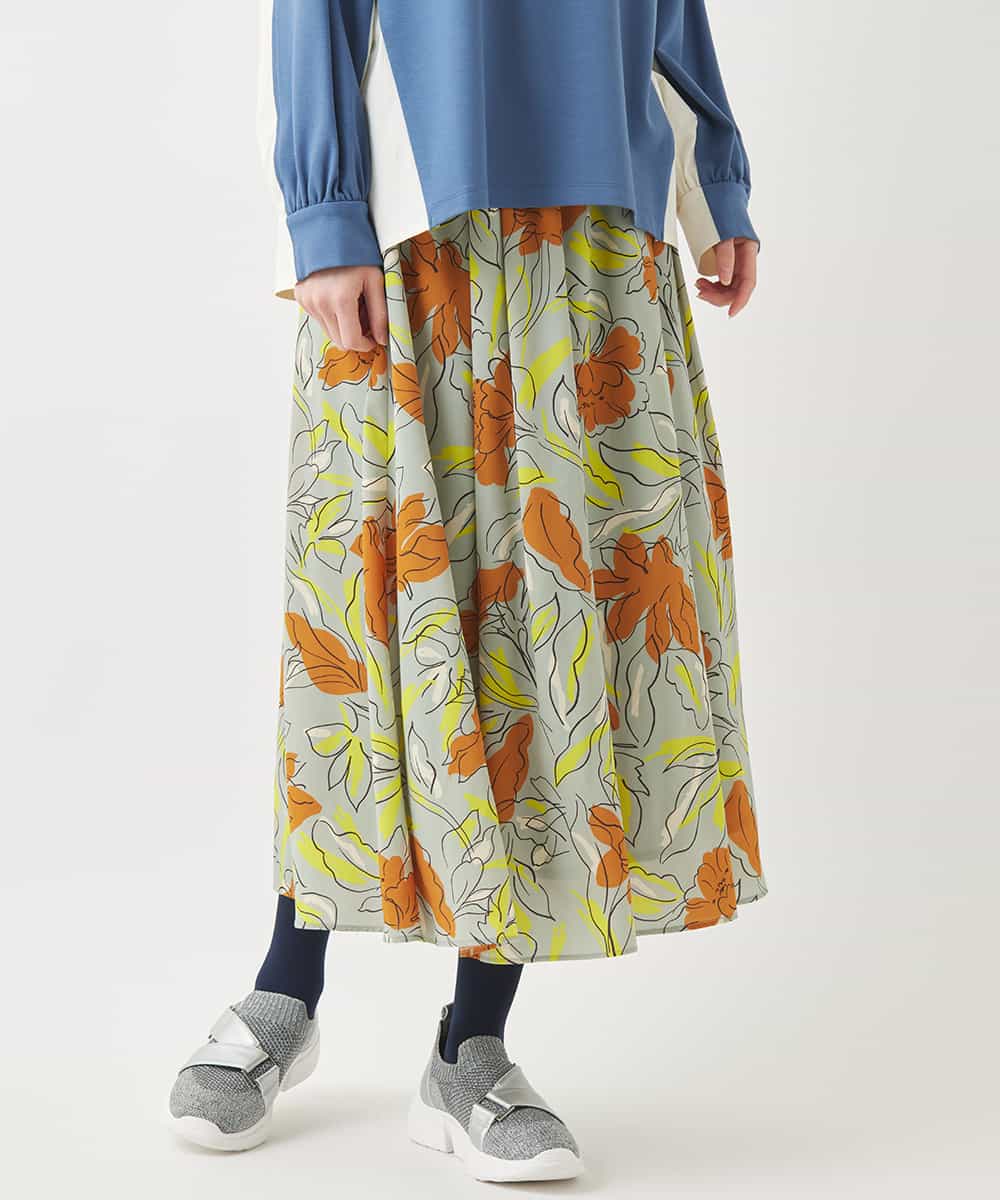 RBHAC11290 HIROKO BIS(ヒロコ ビス) フラワープリントギャザーフレアスカート /洗濯機で洗える グリーン