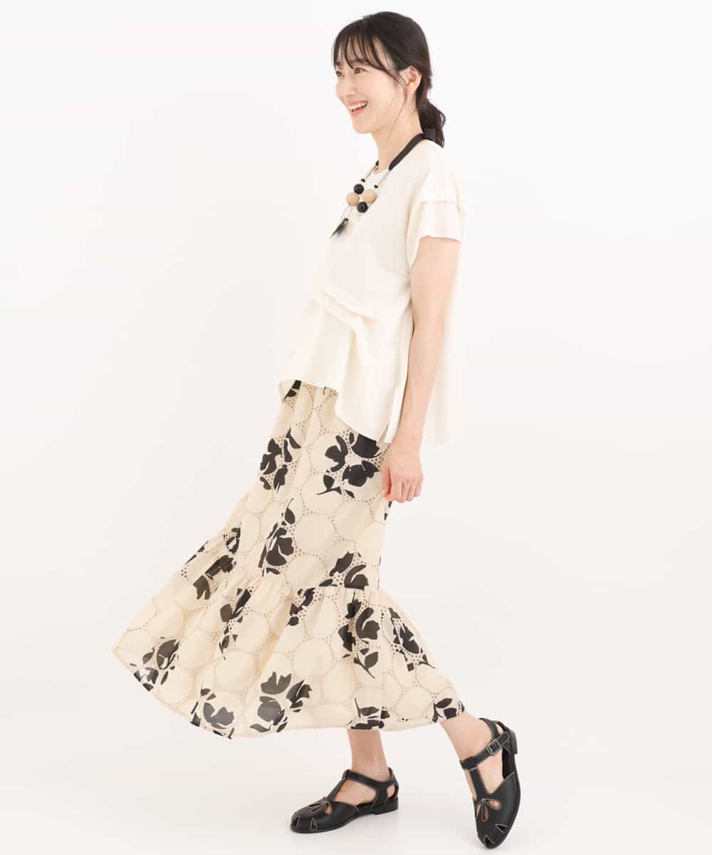 洗える】サークル刺繍フラワープリントスカート(ミモレ丈スカート 