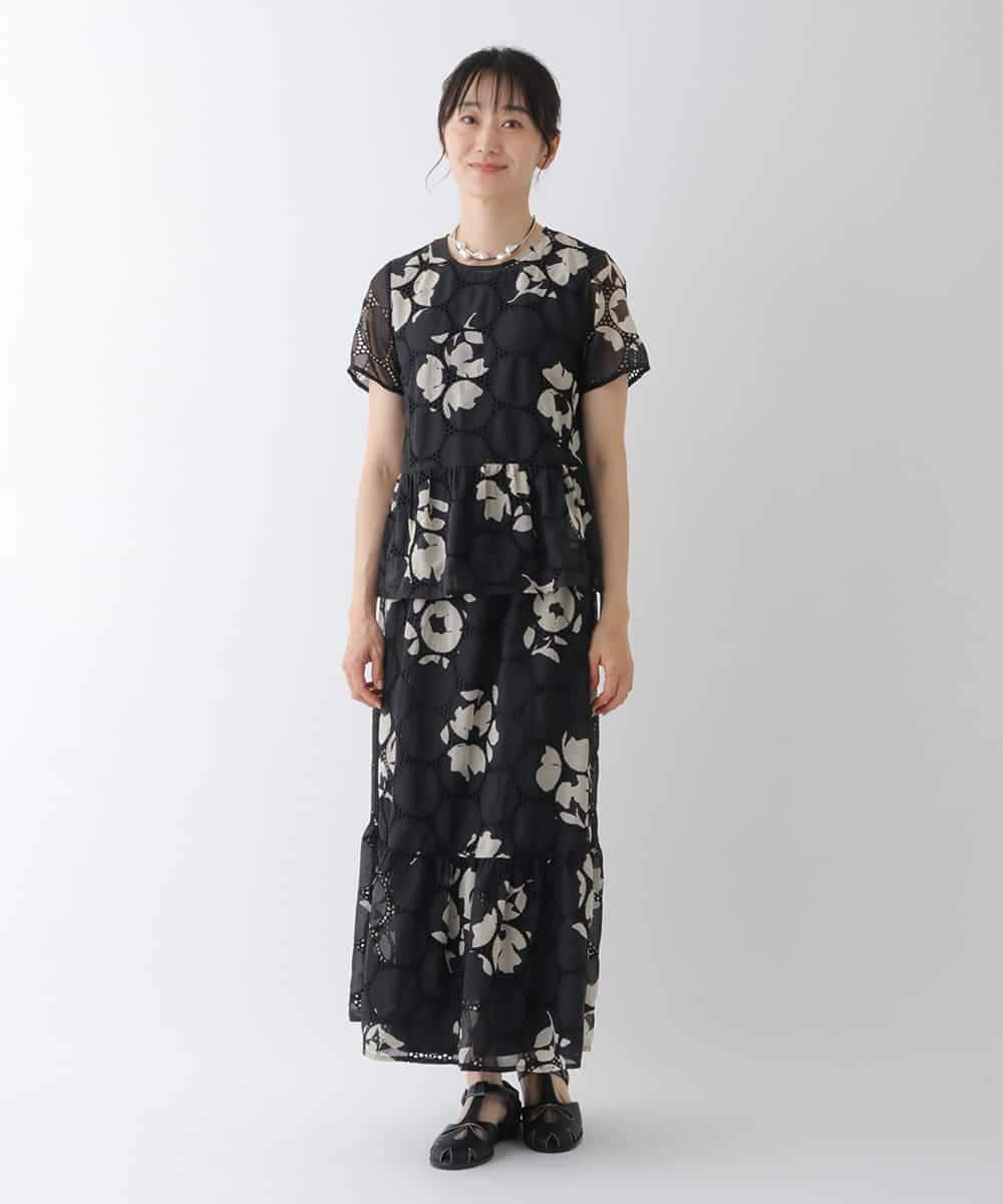 RBHIT02330 HIROKO BIS(ヒロコ ビス) 【洗える】サークル刺繍フラワープリントスカート ブラック