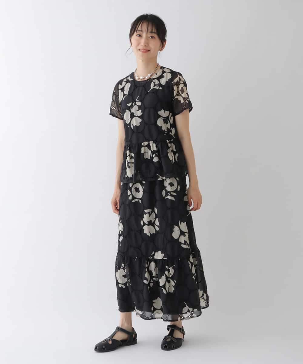 RBHIT02330 HIROKO BIS(ヒロコ ビス) 【洗える】サークル刺繍フラワープリントスカート ブラック