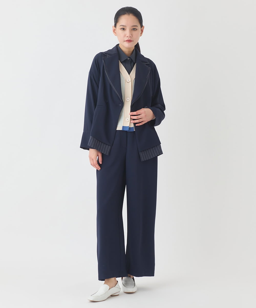 RBJDD02450 HIROKO BIS(ヒロコ ビス) 無地×ストライプレイヤード風ジャケット /洗える ネイビー