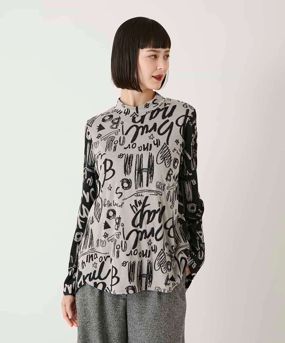 RBKAE33230 HIROKO BIS(ヒロコ ビス) アートロゴ総柄モックネックカットソー ライトグレー