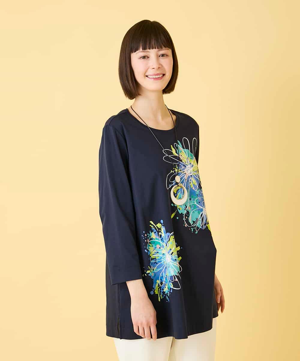 RBKED24230 HIROKO BIS(ヒロコ ビス) ドローイングフラワーチュニックカットソー ネイビー