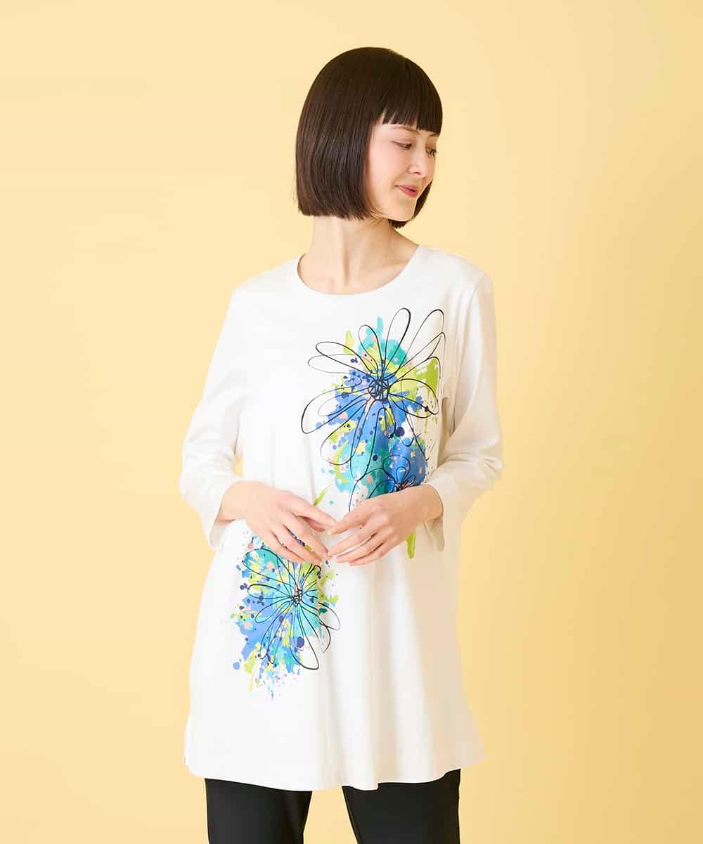 RBKED24230 HIROKO BIS(ヒロコ ビス) ドローイングフラワーチュニックカットソー ホワイト