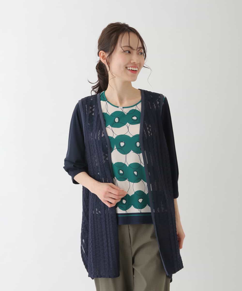 RBKFT15190 HIROKO BIS(ヒロコ ビス) 【洗える】メッシュラッセルストライプジレ ネイビー