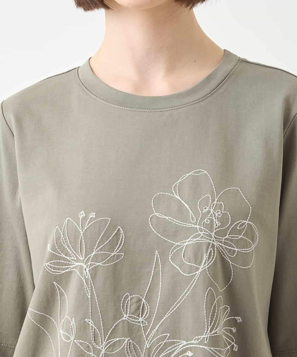 RBKGA08190 HIROKO BIS(ヒロコ ビス) ステッチ刺繍デザインチュニックTシャツ /洗える カーキ