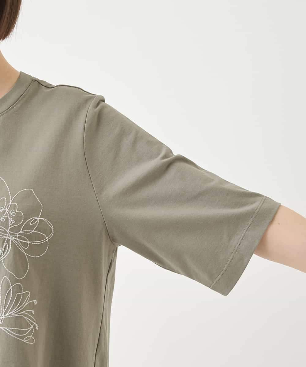 RBKGA08190 HIROKO BIS(ヒロコ ビス) ステッチ刺繍デザインチュニックTシャツ /洗える カーキ