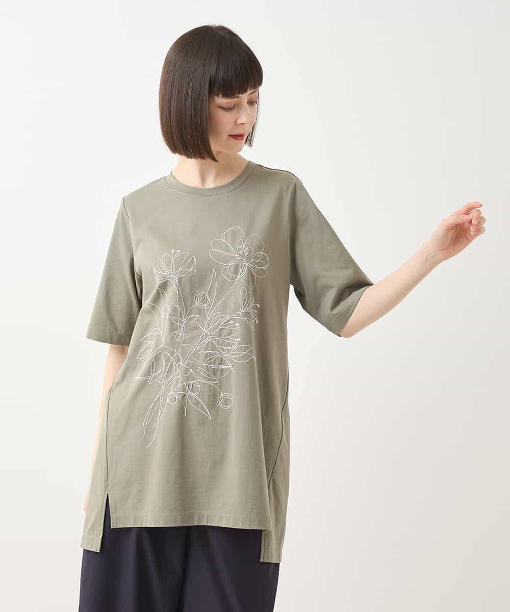 RBKGA08190 HIROKO BIS(ヒロコ ビス) ステッチ刺繍デザインチュニックTシャツ /洗える カーキ