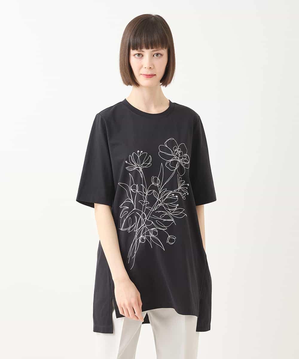 RBKGA08190 HIROKO BIS(ヒロコ ビス) ステッチ刺繍デザインチュニックTシャツ /洗える カーキ