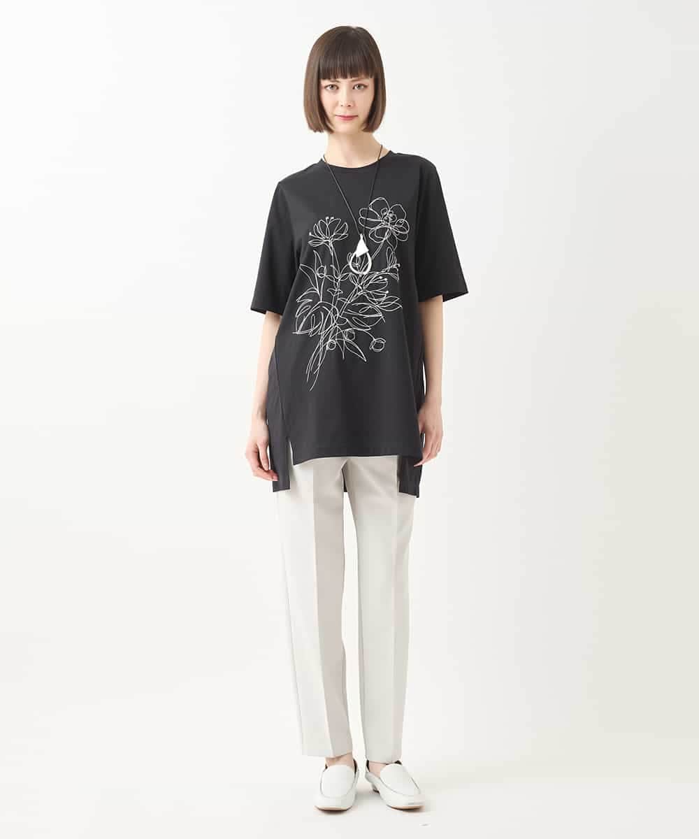 RBKGA08190 HIROKO BIS(ヒロコ ビス) ステッチ刺繍デザインチュニックTシャツ /洗える カーキ