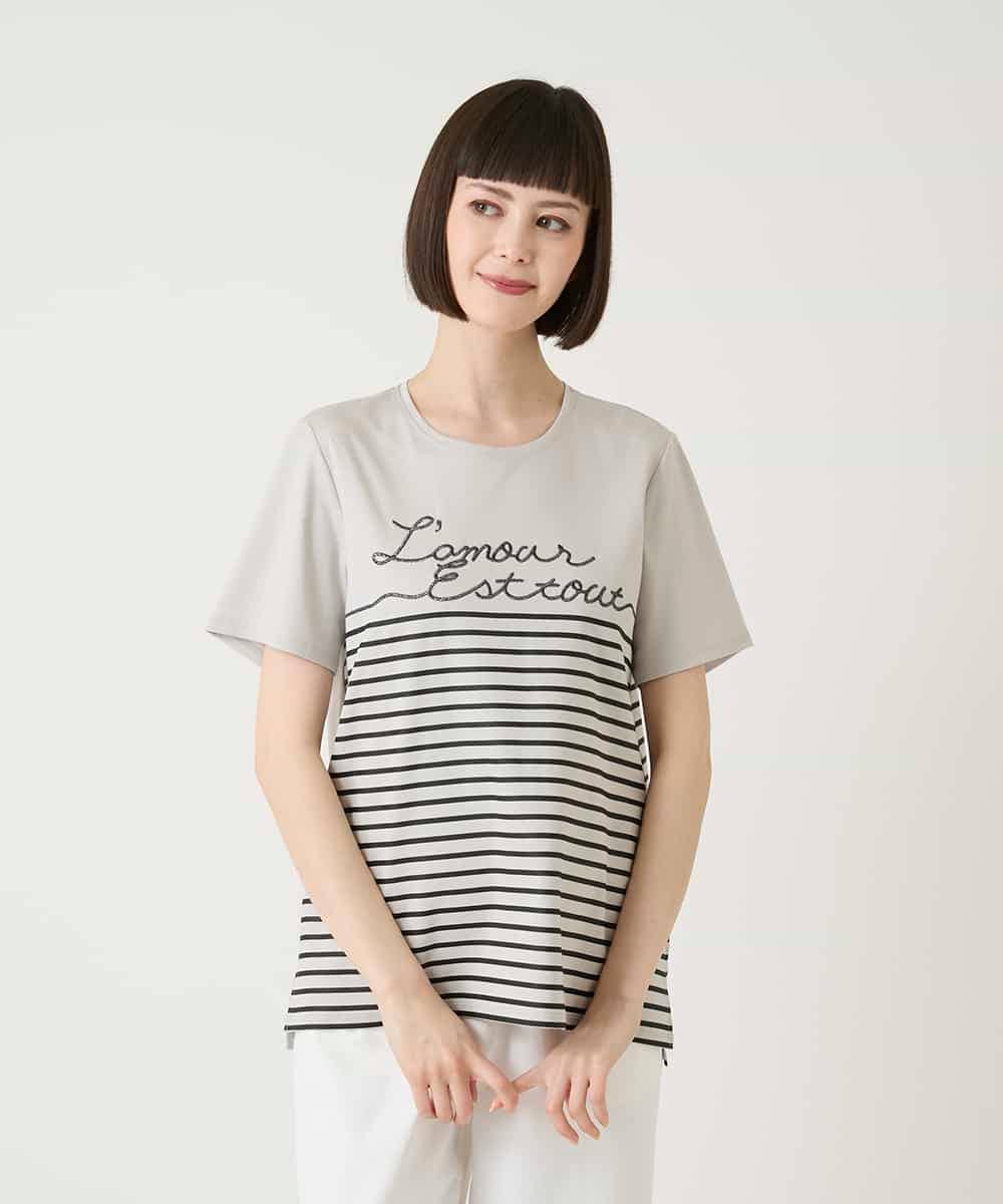 RBKGE45230 HIROKO BIS(ヒロコ ビス) ラメロゴ刺繍ボーダーカットソー ライトグレー