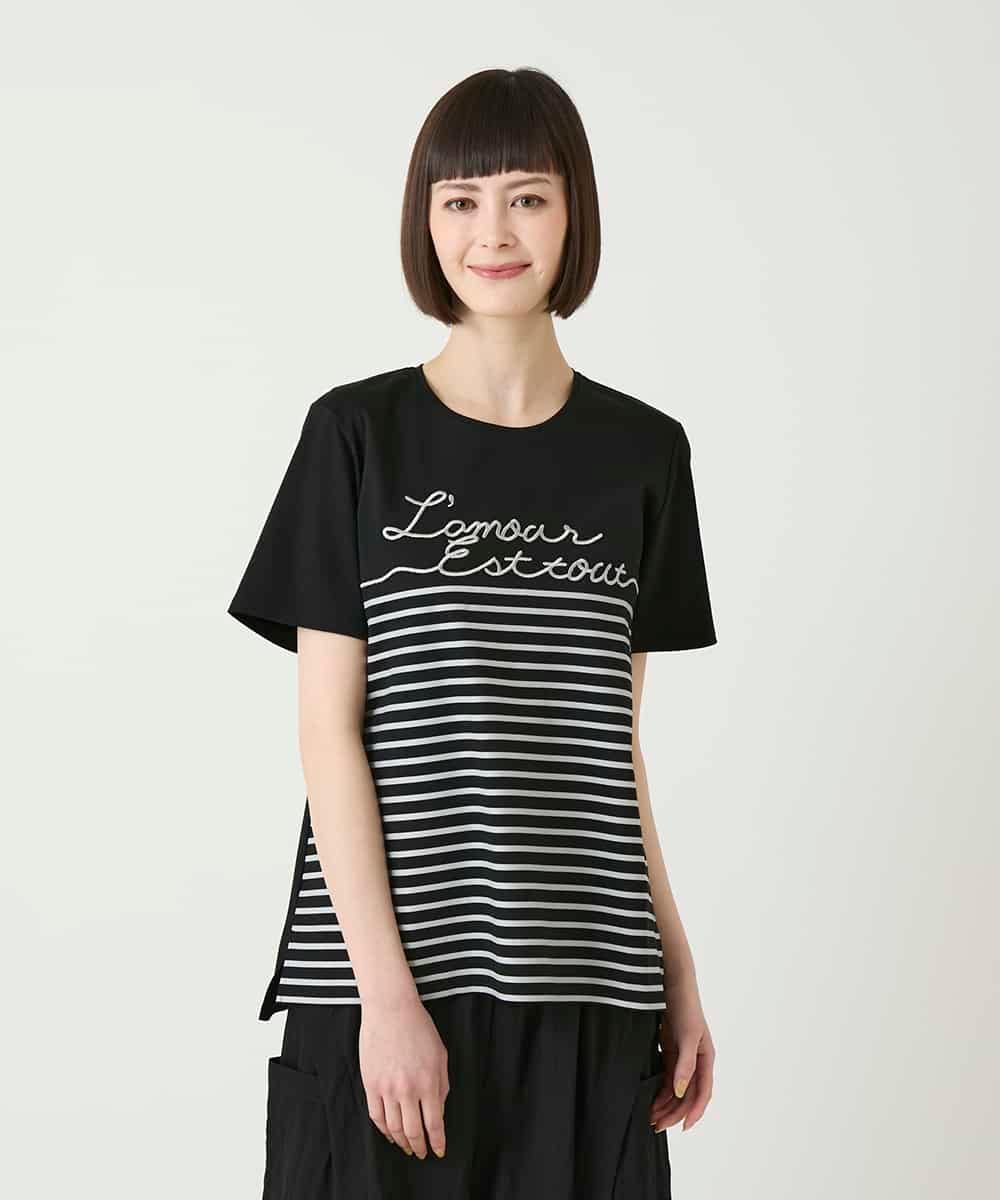 RBKGE45230 HIROKO BIS(ヒロコ ビス) ラメロゴ刺繍ボーダーカットソー ブラック