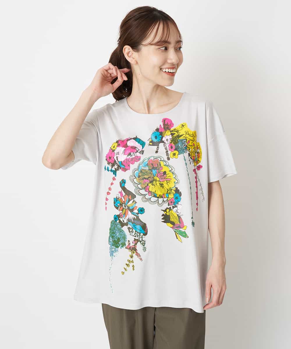 RBKGS43190 HIROKO BIS(ヒロコ ビス) 【洗える】パラリンアートチュニックTシャツ（Floris） ライトグレー