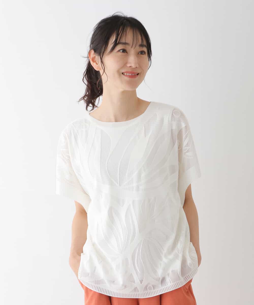 RBKGT21230 HIROKO BIS(ヒロコ ビス) 【洗濯機で洗える】ジャカードメッシュデザインプルオーバー ホワイト