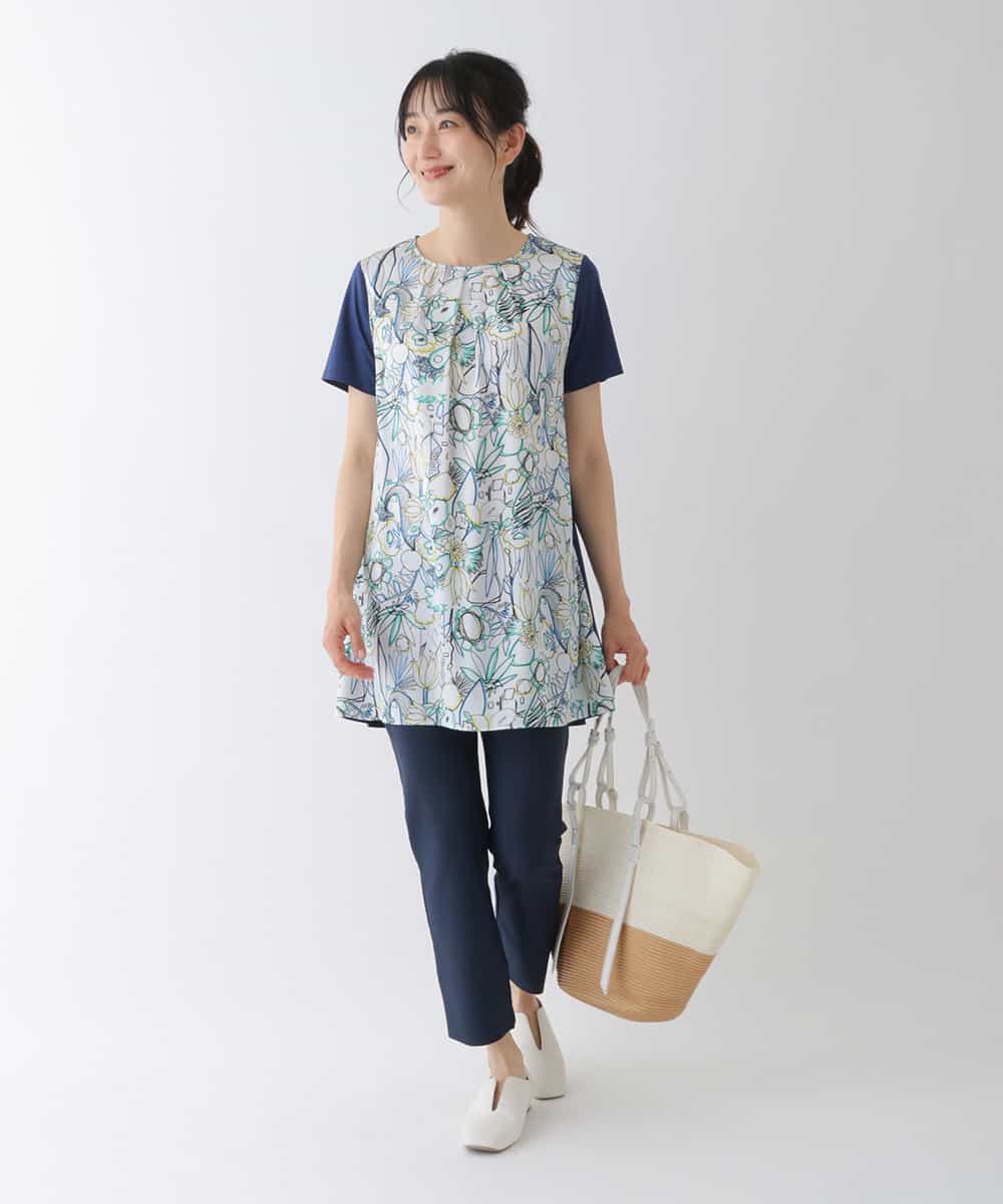 RBKGT25240 HIROKO BIS(ヒロコ ビス) 【洗える】カットソージョイントアートプリントチュニック ブルー