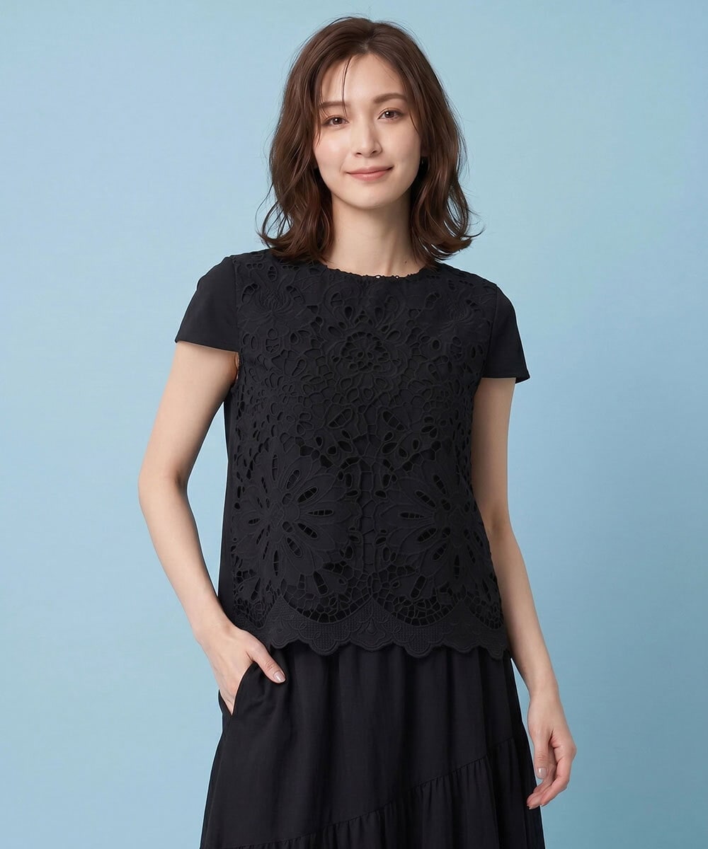 RBKHA15290 HIROKO BIS(ヒロコ ビス) フラワーデコ刺繍ブラウス /洗える ブラック