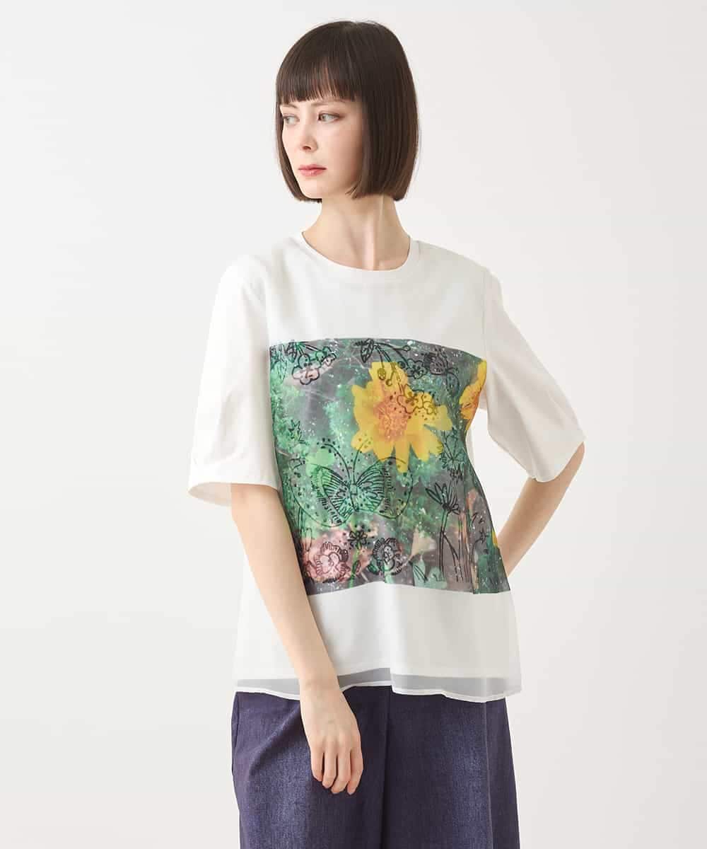 RBKHB30260 HIROKO BIS(ヒロコ ビス) Busy ButterflyプリントレイヤードTシャツ /洗える ホワイト