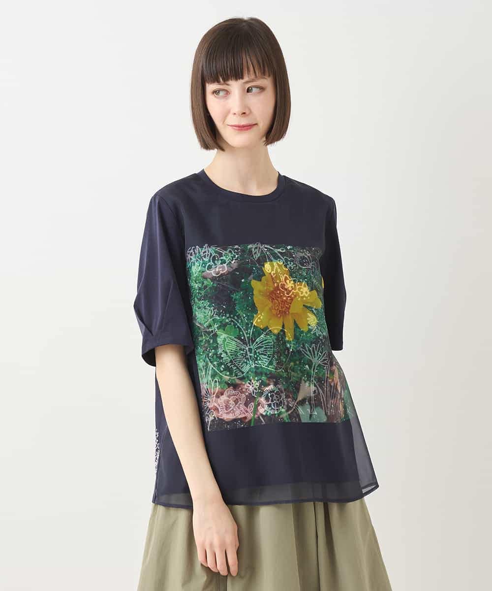 RBKHB30260 HIROKO BIS(ヒロコ ビス) Busy ButterflyプリントレイヤードTシャツ /洗える ホワイト