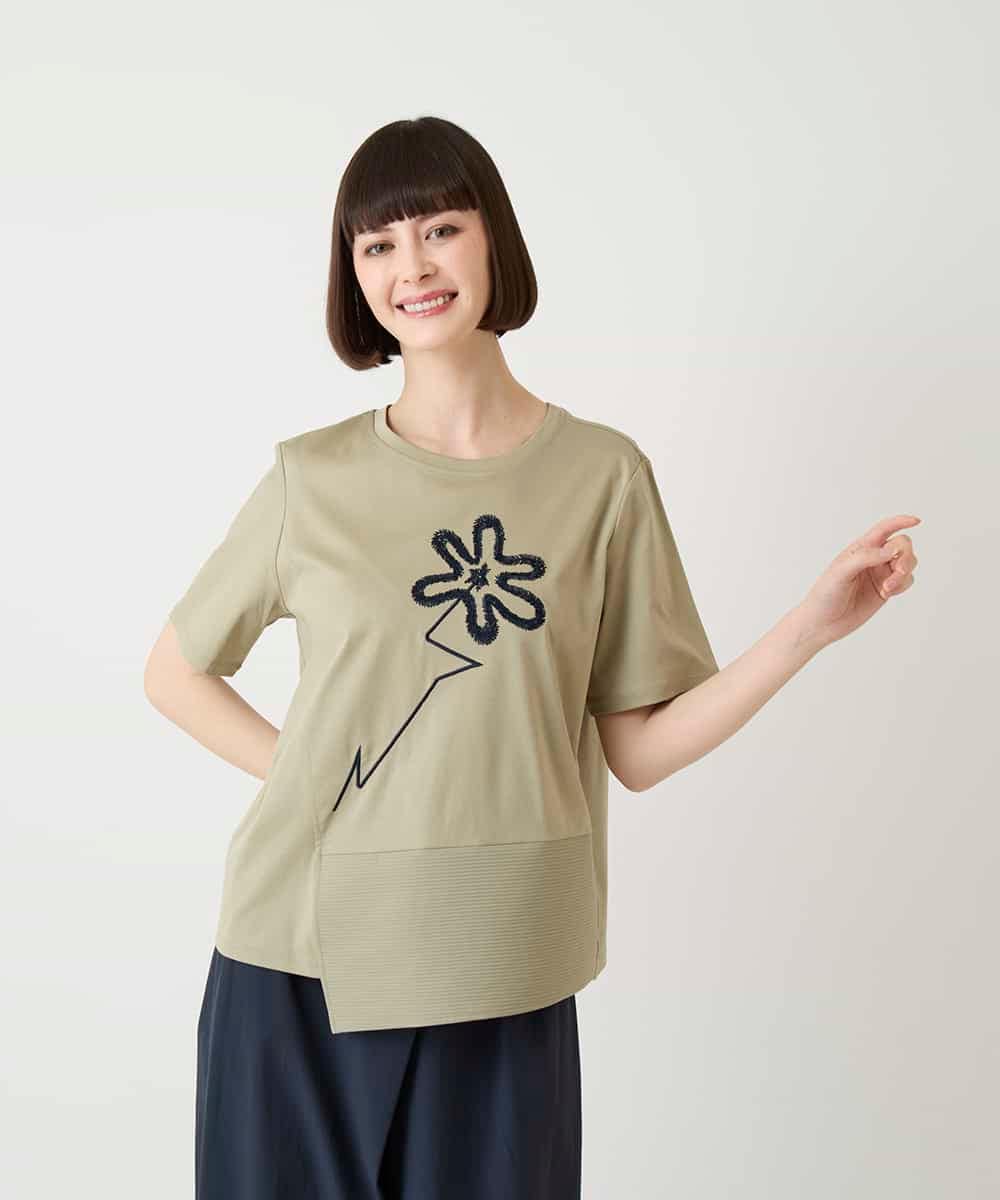 RBKIE11190 HIROKO BIS(ヒロコ ビス) 【接触冷感】異素材切り替えフラワー刺繍デザインTシャツ /洗える カーキ