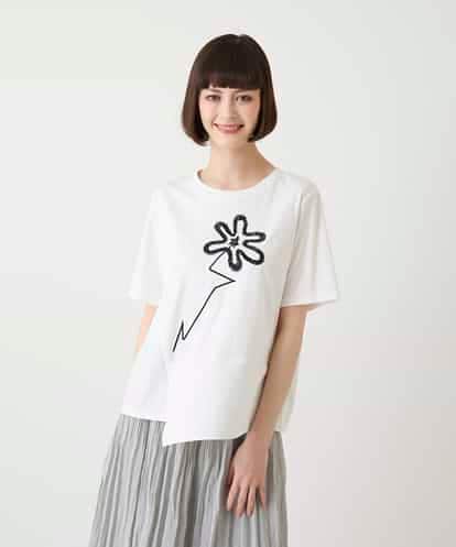 RBKIE11190 HIROKO BIS 【接触冷感】異素材切り替えフラワー刺繍デザインTシャツ