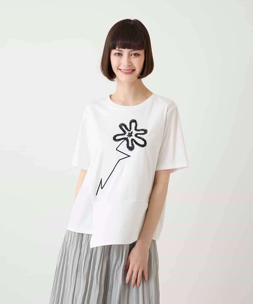 RBKIE11190 HIROKO BIS(ヒロコ ビス) 【接触冷感】異素材切り替えフラワー刺繍デザインTシャツ /洗える ホワイト