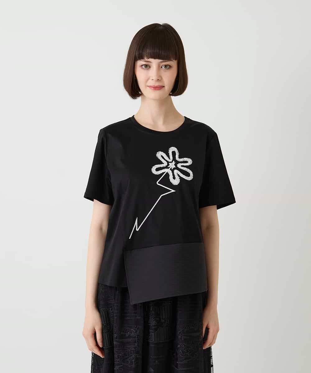 RBKIE11190 HIROKO BIS(ヒロコ ビス) 【接触冷感】異素材切り替えフラワー刺繍デザインTシャツ /洗える ブラック